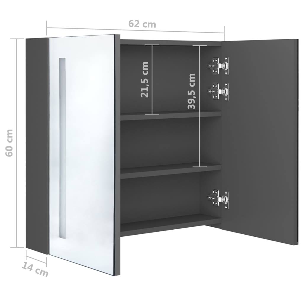 Betonszürke led-es tükrös fürdőszobaszekrény 62 x 14 x 60 cm