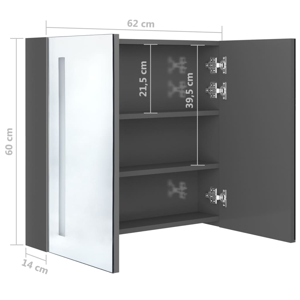 Betonszürke led-es tükrös fürdőszobaszekrény 62 x 14 x 60 cm