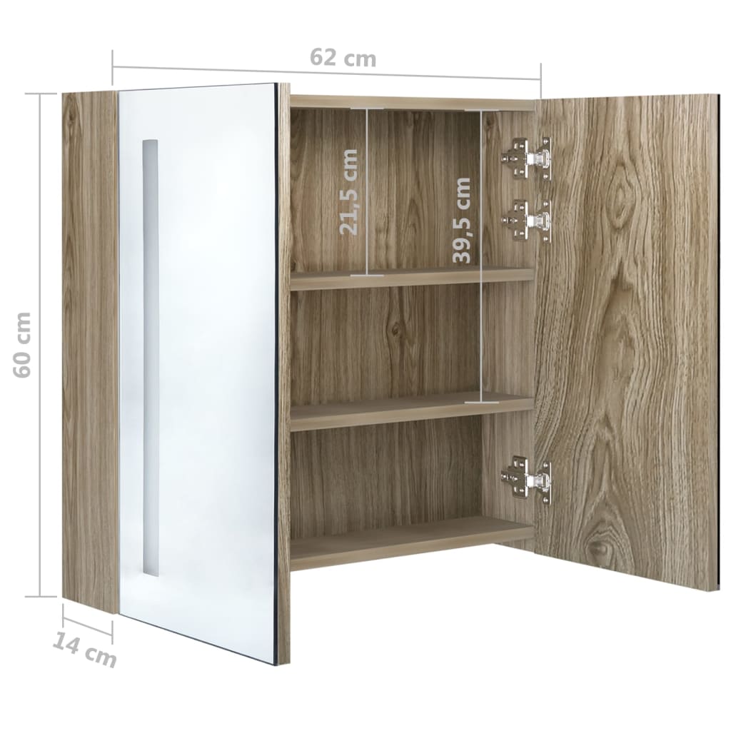 Tölgyszínű tükrös fürdőszobaszekrény led világítással 62x14x60 cm