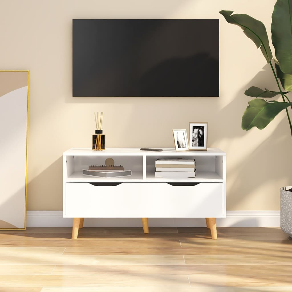 Magasfényű fehér forgácslap tv-szekrény 90 x 40 x 48,5 cm