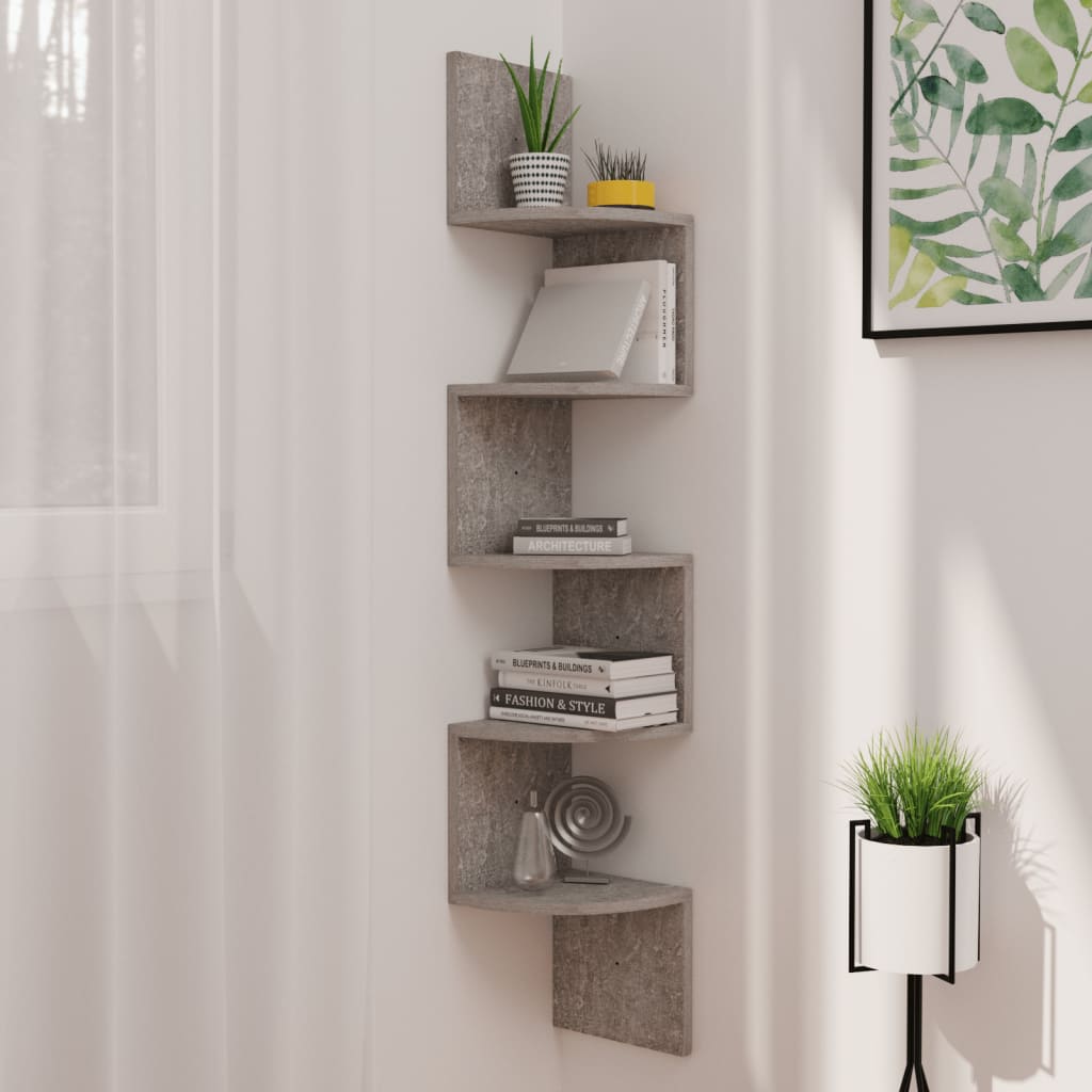 Betonszürke forgácslap fali sarokpolc 19 x 19 x 123 cm