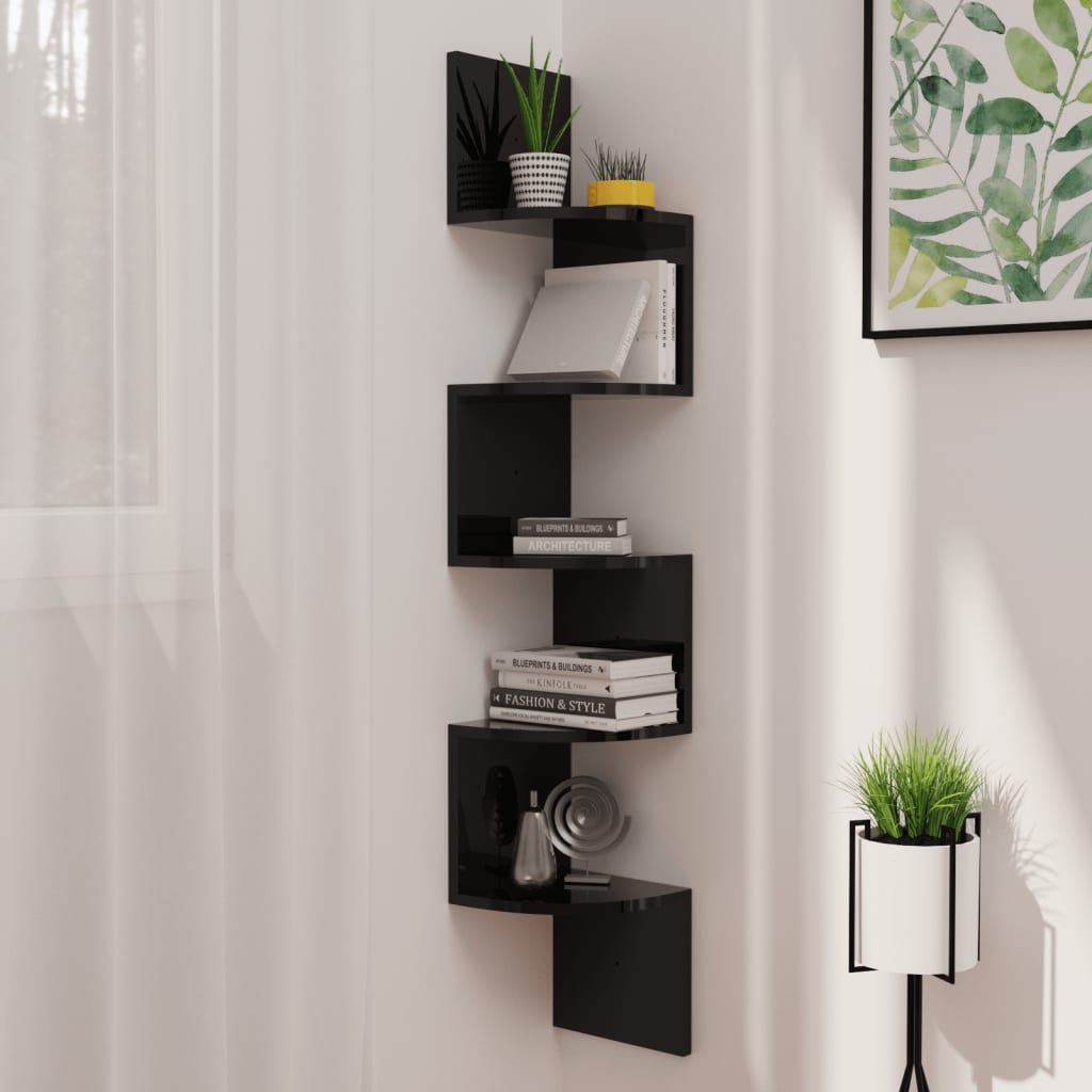 Magasfényű fekete forgácslap fali sarokpolc 19 x 19 x 123 cm