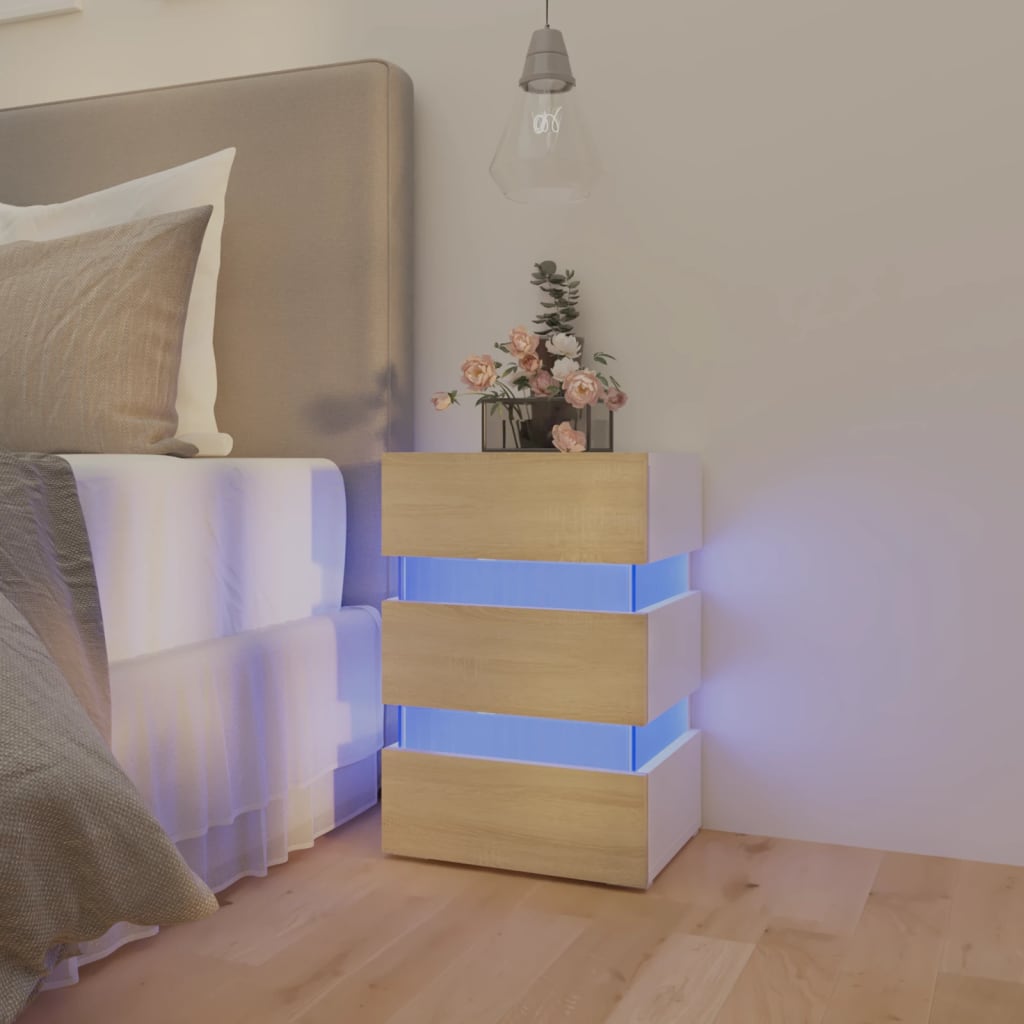 Fehér-sonoma színű forgácslap led-es éjjeliszekrény 45x35x67 cm
