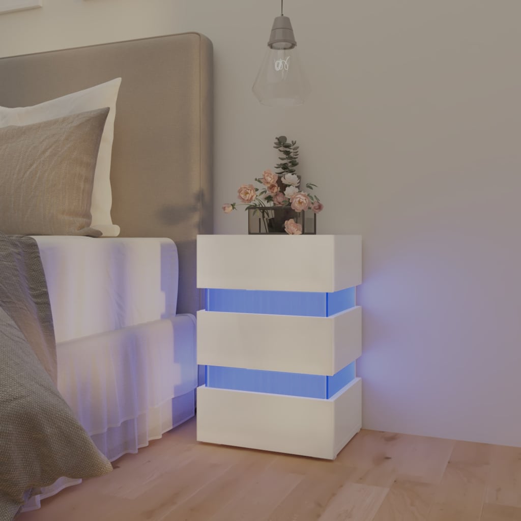 Magasfényű fehér forgácslap led-es éjjeliszekrény 45x35x67 cm