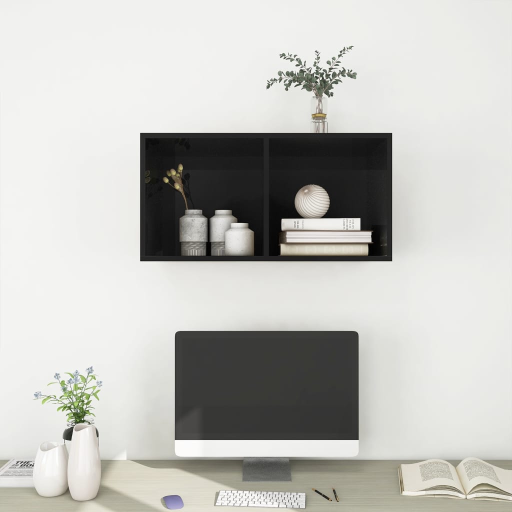 Magasfényű fekete forgácslap fali tv-szekrény 37 x 37 x 72 cm Magasfényű fekete forgácslap fali tv-szekrény 37 x 37 x 72 cm