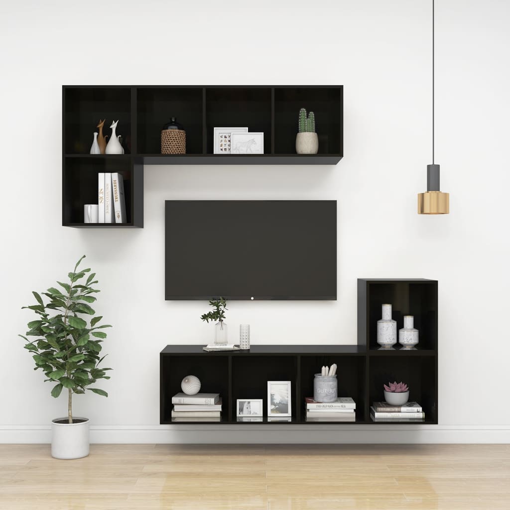 Magasfényű fekete forgácslap fali tv-szekrény 37 x 37 x 72 cm Magasfényű fekete forgácslap fali tv-szekrény 37 x 37 x 72 cm
