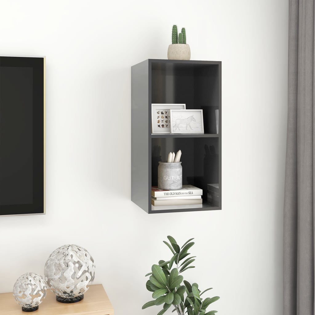 Magasfényű szürke forgácslap fali tv-szekrény 37 x 37 x 72 cm Magasfényű szürke forgácslap fali tv-szekrény 37 x 37 x 72 cm