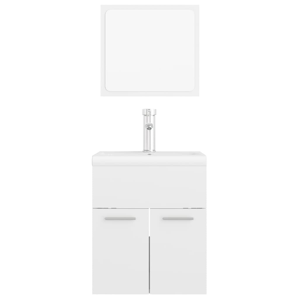 Magasfényű fehér forgácslap fürdőszobai bútorszett