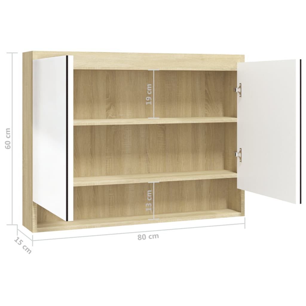 Fehér és tölgy mdf tükrös fürdőszobaszekrény 80 x 15 x 60 cm