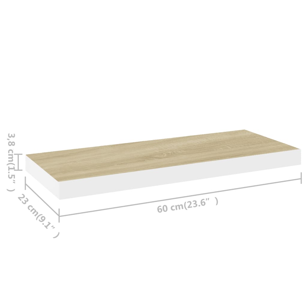 2 db fehér és tölgyszínű mdf fali polc 60 x 23,5 x 3,8 cm