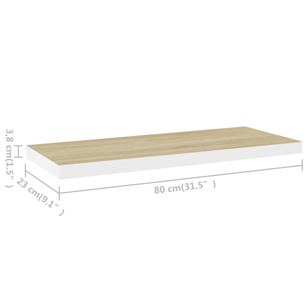 2 db fehér és tölgyszínű mdf fali polc 80 x 23,5 x 3,8 cm