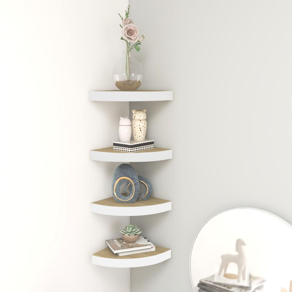 4 db fehér-tölgyszínű mdf fali sarokpolc 25 x 25 x 3,8 cm