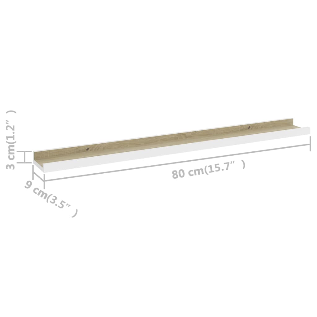 2 db fehér és sonoma-tölgy színű fali polc 80 x 9 x 3 cm 2 db fehér és sonoma-tölgy színű fali polc 80 x 9 x 3 cm