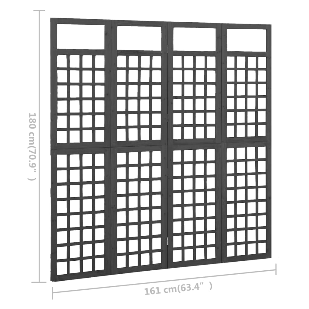 Fekete 4 paneles tömör fenyőfa térelválasztó/lugasrács 161x180cm