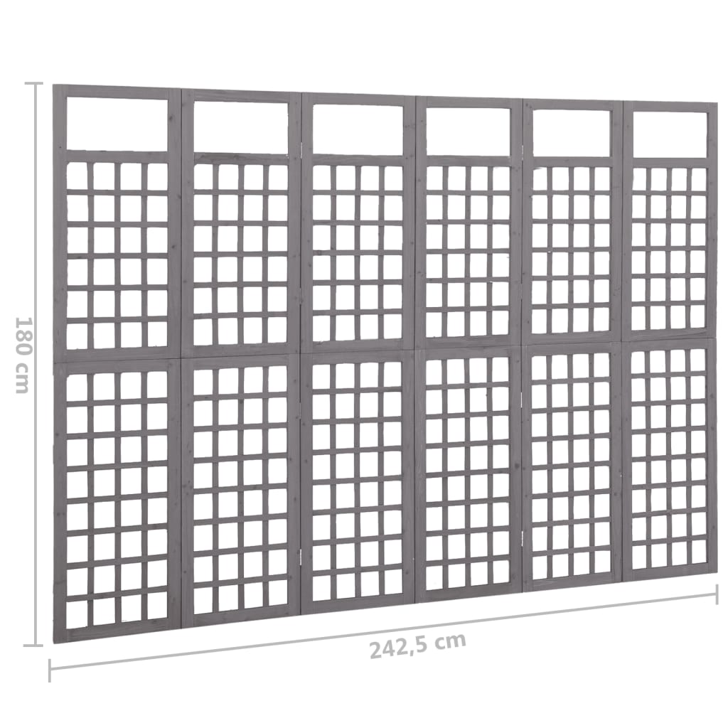 Szürke 6 paneles tömör fenyőfa térelválasztó/lugasrács 242,5x180cm