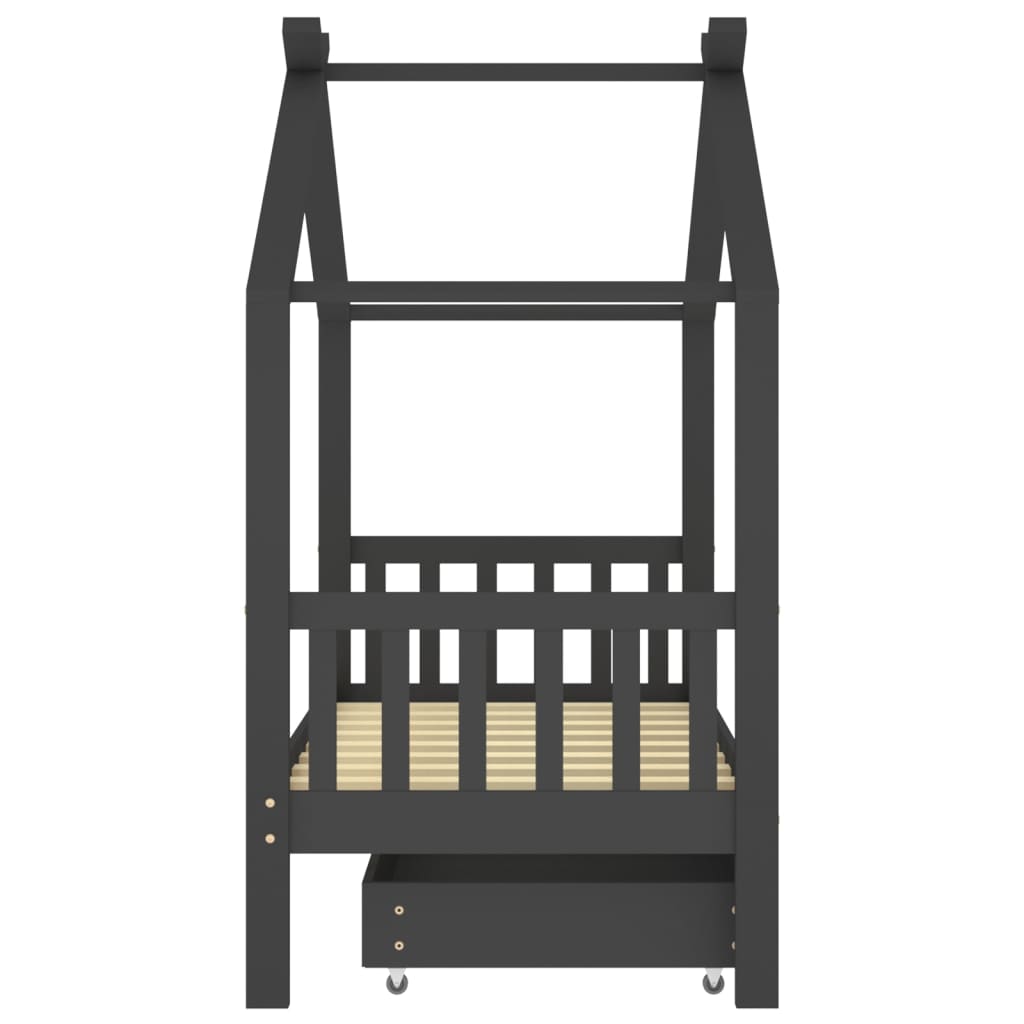 Sötétszürke tömör fenyőfa gyerekágykeret fiókkal 80 x 160 cm