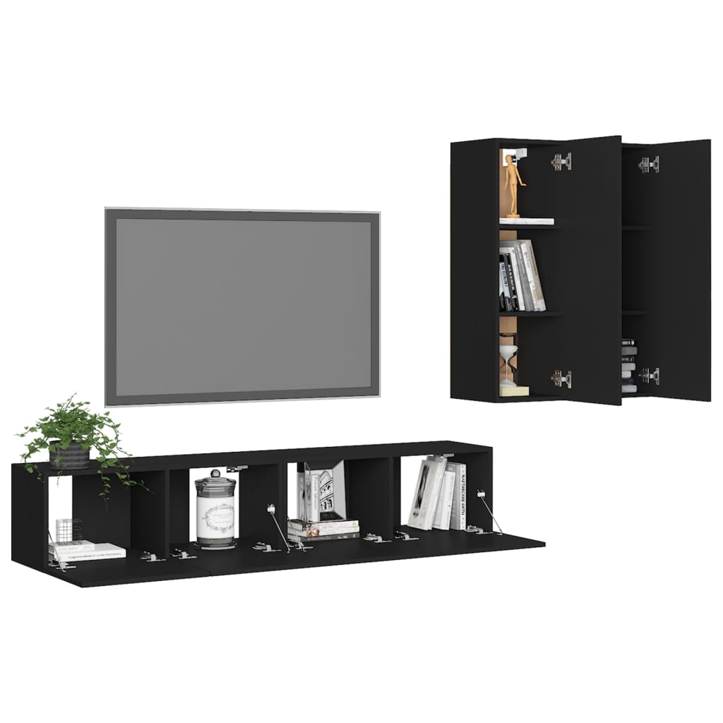 4 részes fekete forgácslap tv-szekrényszett