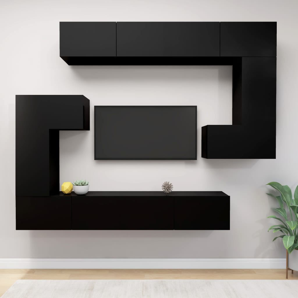 8 részes fekete forgácslap tv-szekrényszett 8 részes fekete forgácslap tv-szekrényszett