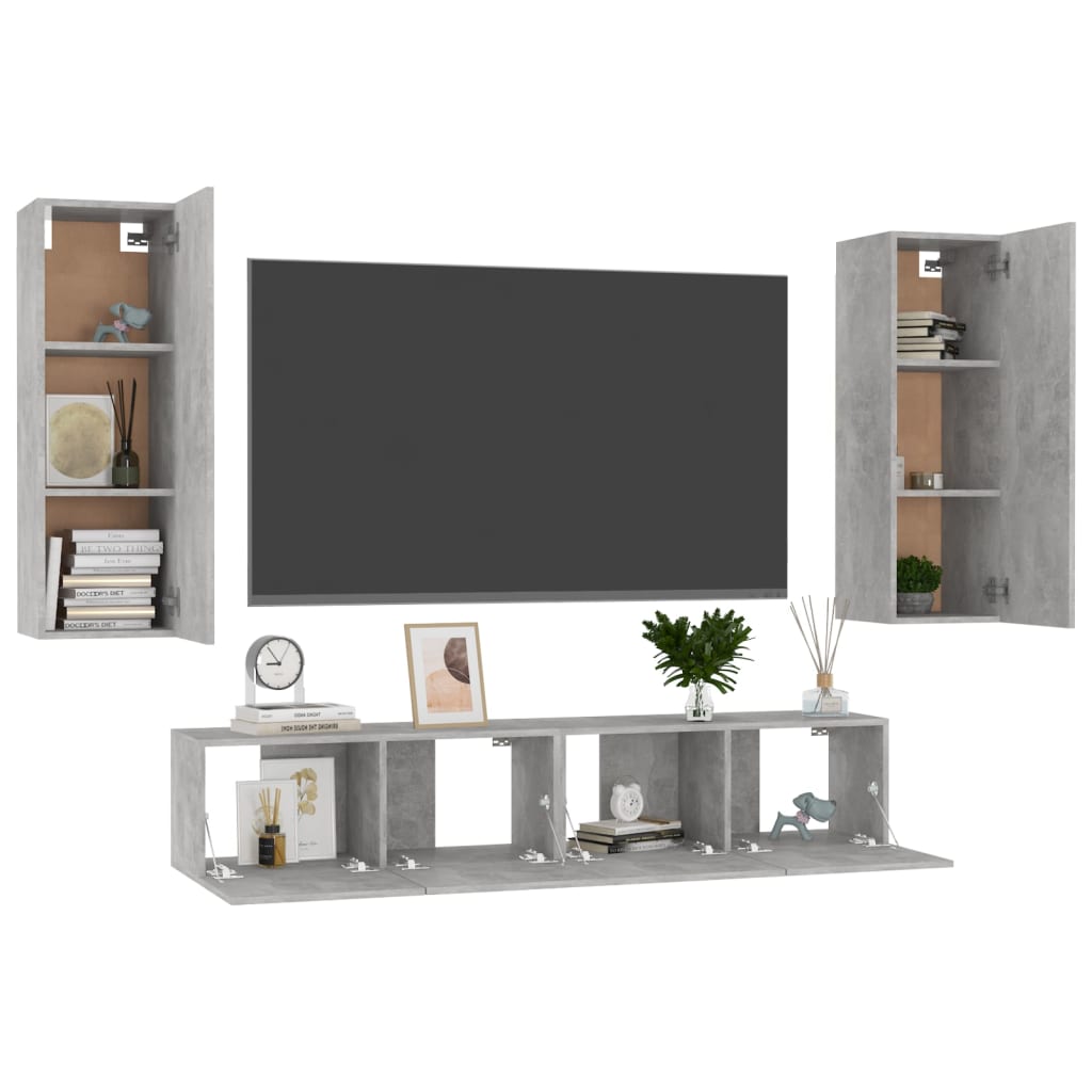 4 részes betonszürke forgácslap tv-szekrényszett 4 részes betonszürke forgácslap tv-szekrényszett