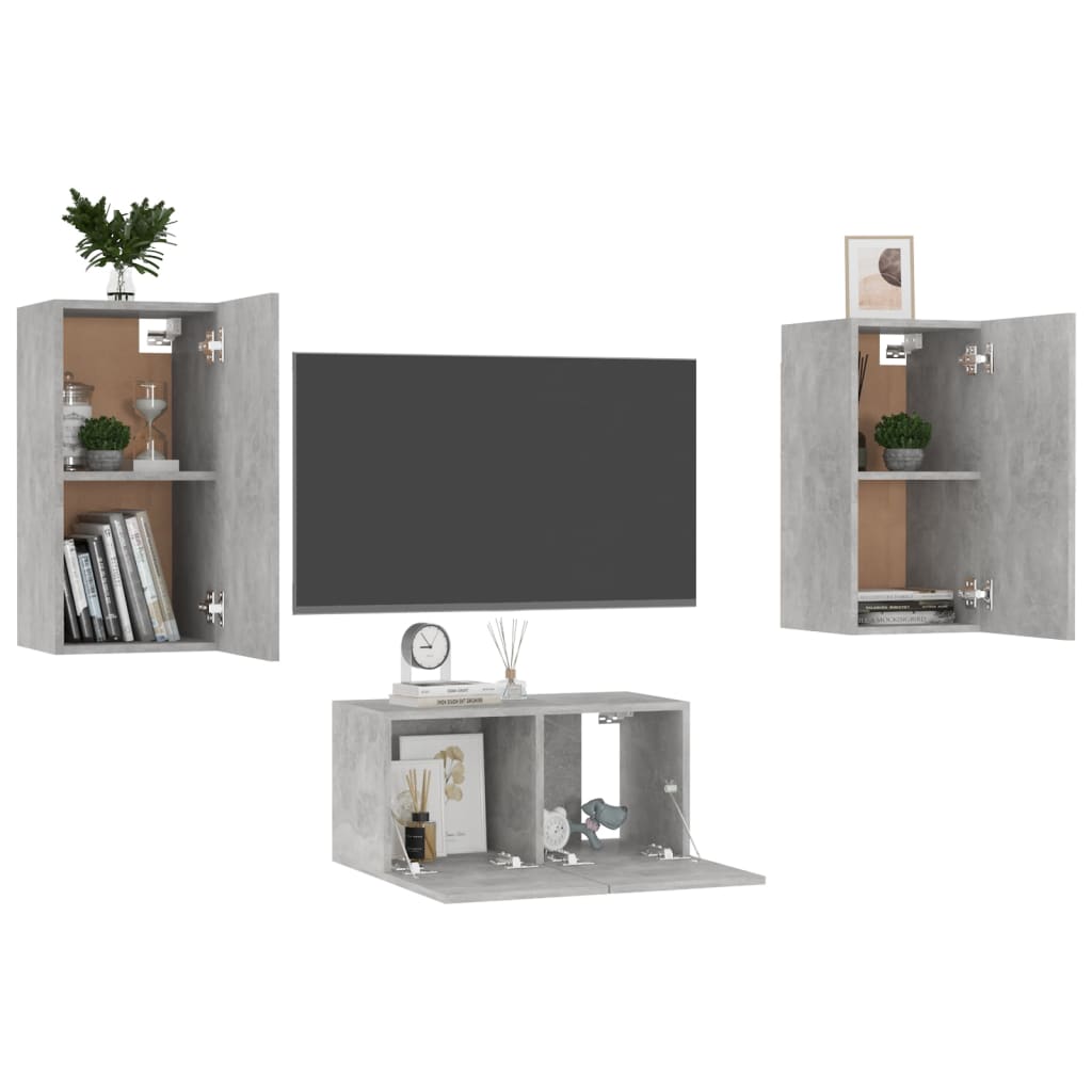 3 részes betonszürke forgácslap tv-szekrényszett 3 részes betonszürke forgácslap tv-szekrényszett