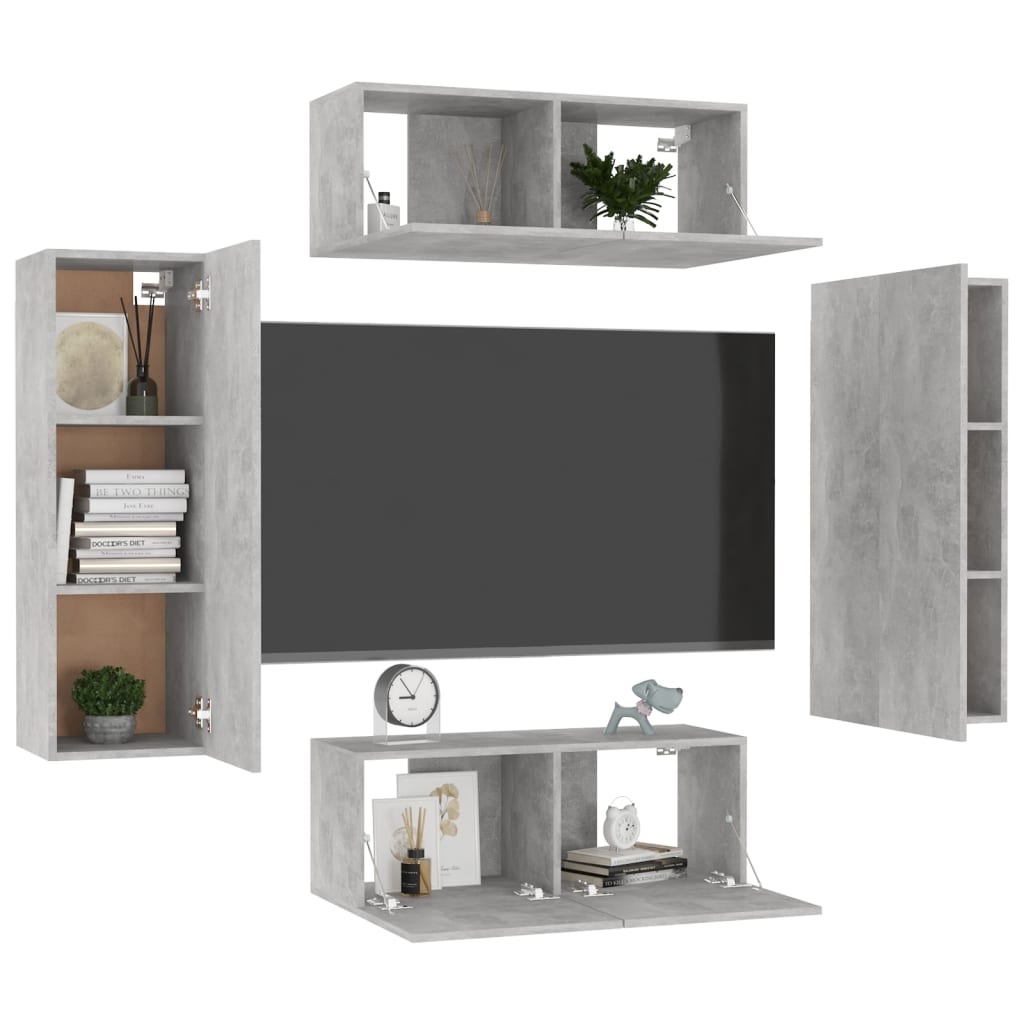 4 részes betonszürke forgácslap tv-szekrényszett 4 részes betonszürke forgácslap tv-szekrényszett