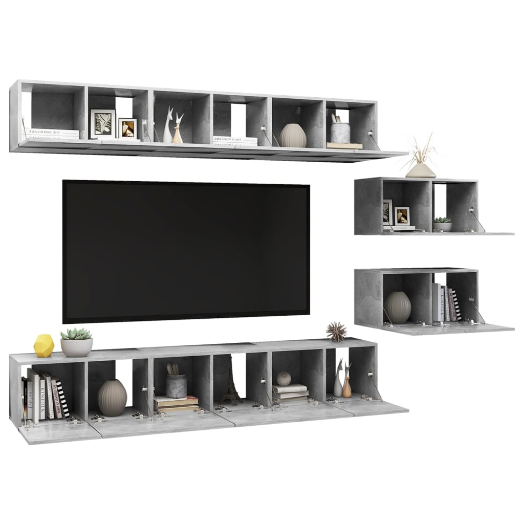8 részes betonszürke forgácslap tv-szekrényszett