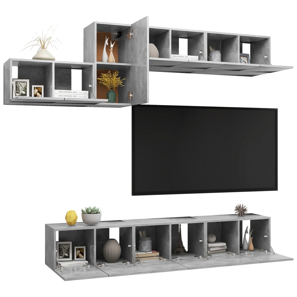 7 részes betonszürke forgácslap tv-szekrényszett