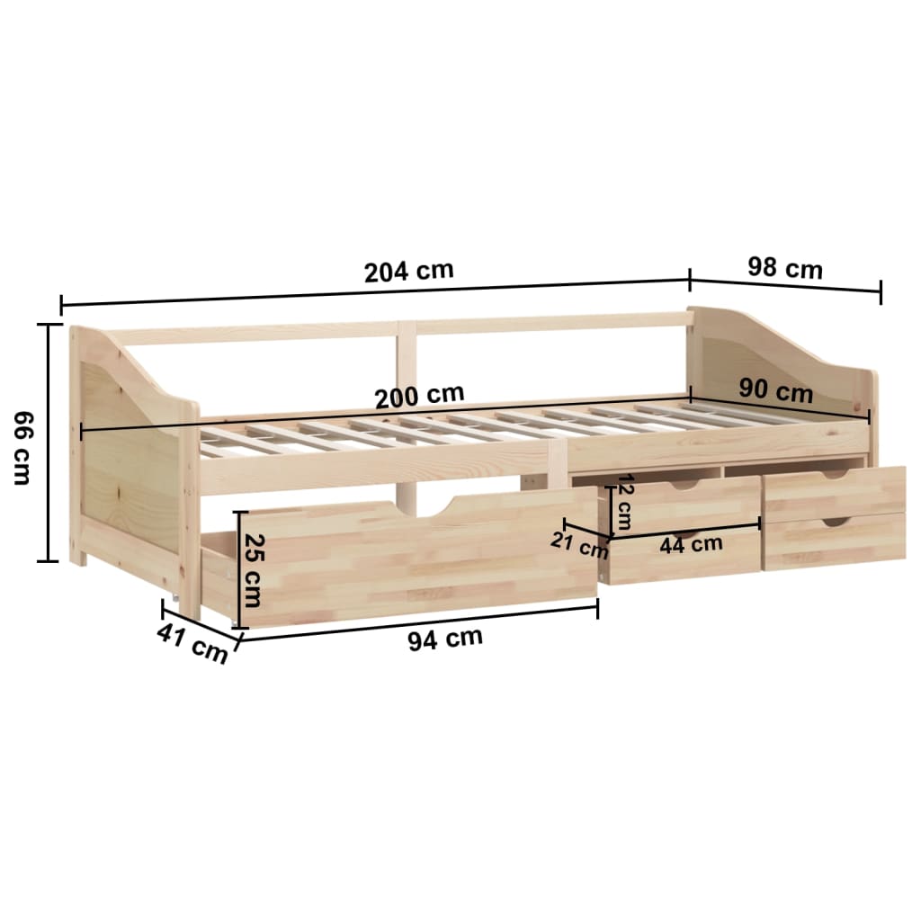 3-személyes tömör fenyőfa kanapéágy fiókokkal 90 x 200 cm