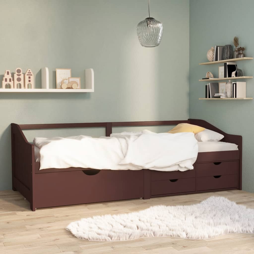 Sötétbarna 3-személyes tömör fenyőfa kanapéágy fiókokkal 90x200cm