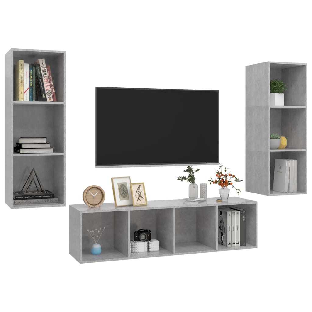 3 részes betonszürke forgácslap tv-szekrény szett