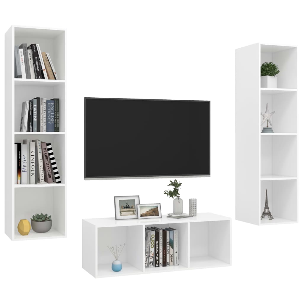 3 részes fehér forgácslap tv-szekrény szett