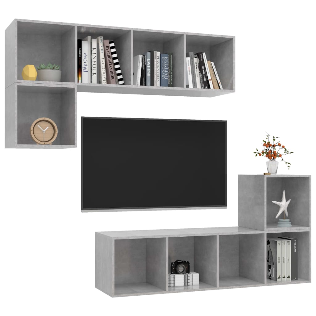 4 részes betonszürke forgácslap tv-szekrény szett