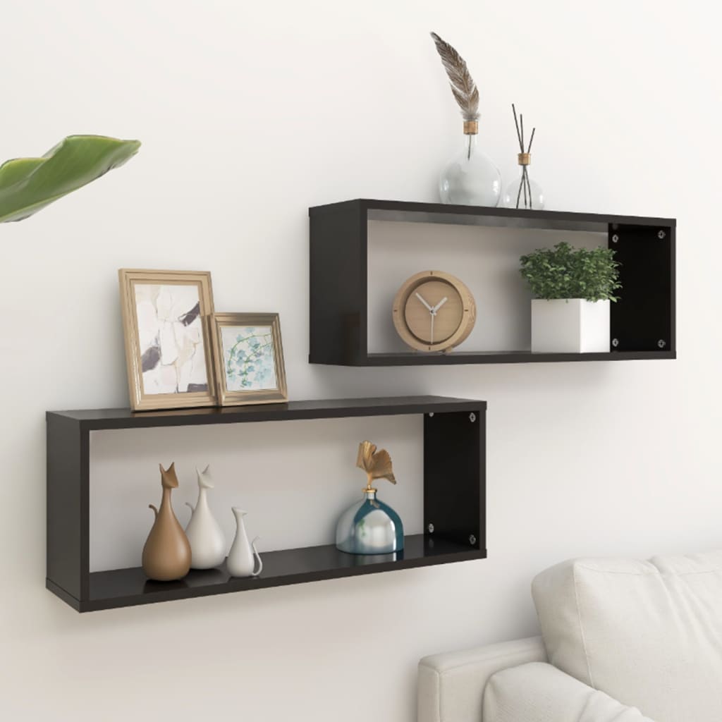 2 db fekete forgácslap fali kockapolc 60 x 15 x 23 cm