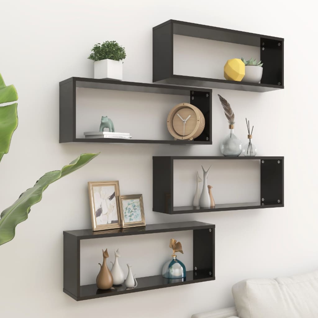 4 db fekete forgácslap fali kockapolc 60 x 15 x 23 cm