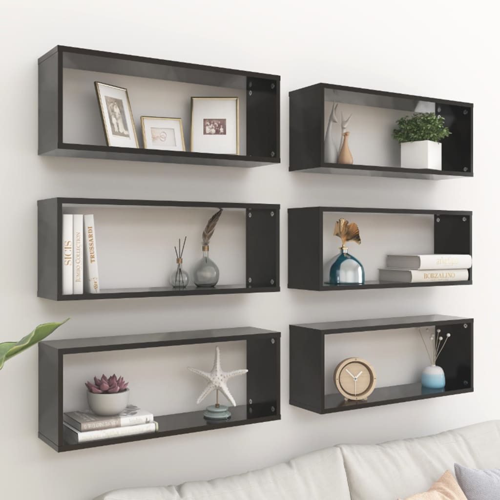 6 db fekete forgácslap fali kockapolc 60 x 15 x 23 cm