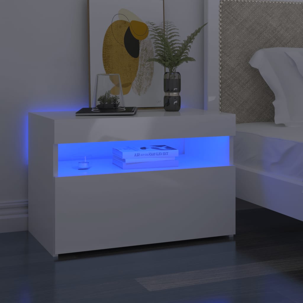 Magasfényű fehér éjjeliszekrény led-lámpákkal 60 x 35 x 40 cm