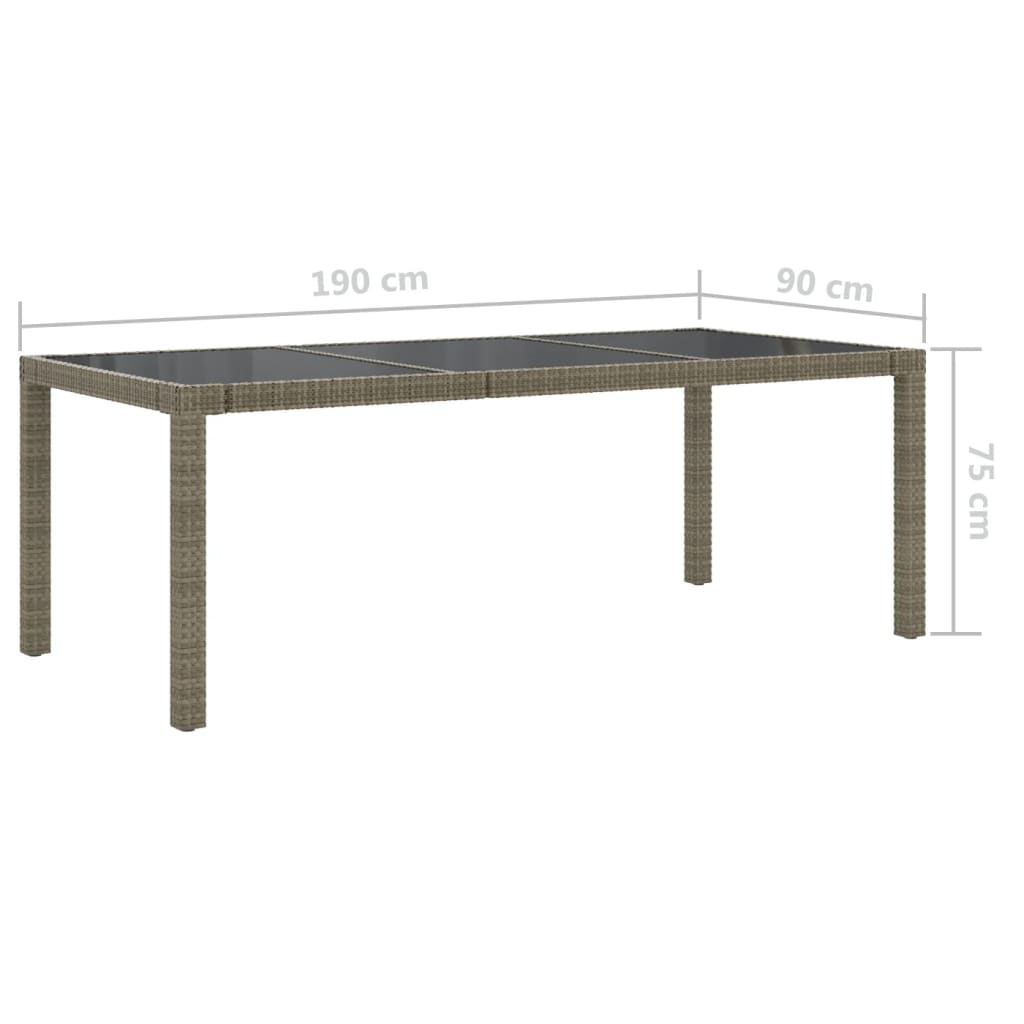 Szürke polyrattan és edzett üveg kerti asztal 190 x 90 x 75 cm