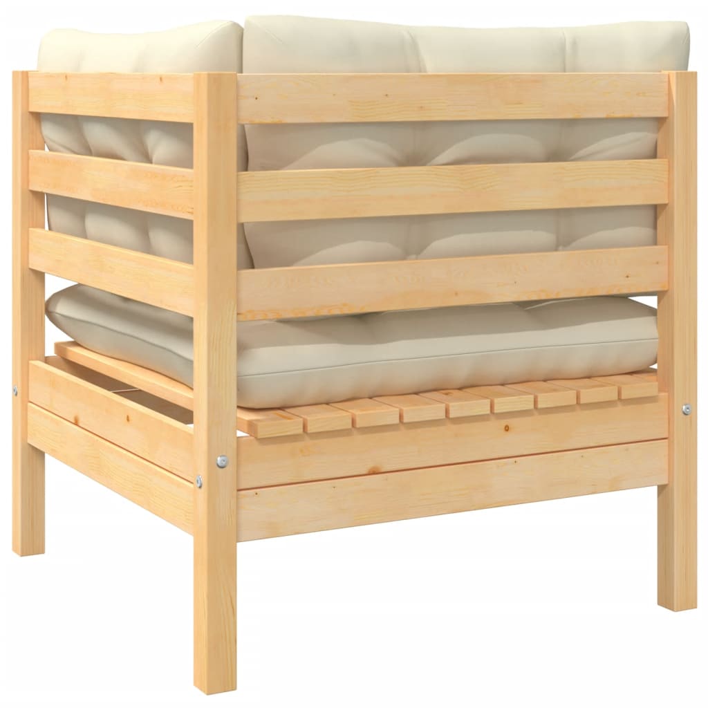 Kétszemélyes tömör fenyőfa kerti kanapé krémszínű párnákkal