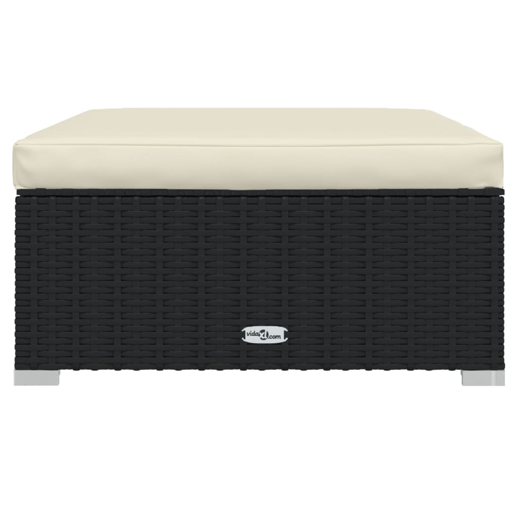 Fekete polyrattan kerti lábtartó párnával 70 x 70 x 30 cm