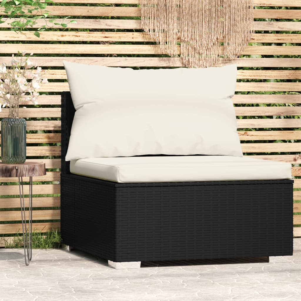 Fekete polyrattan kerti középső kanapé párnákkal