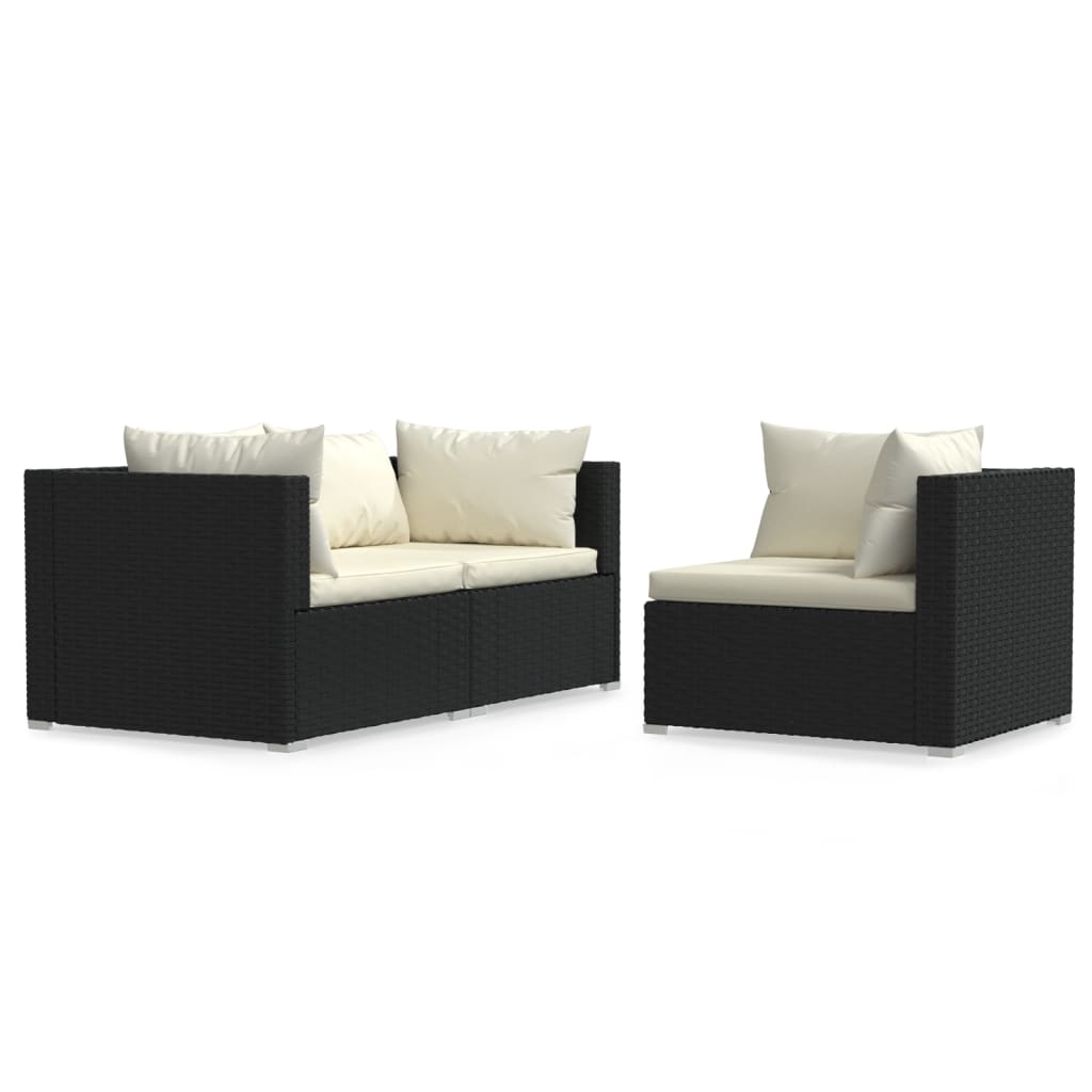 3 részes fekete polyrattan kerti ülőgarnitúra párnákkal