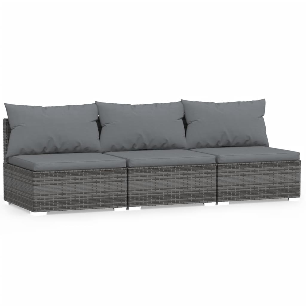 Szürke háromszemélyes polyrattan kanapé párnákkal