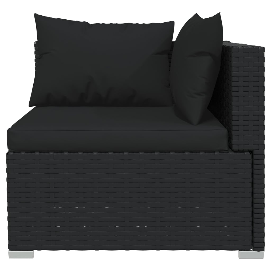 Fekete háromszemélyes polyrattan kanapé párnákkal