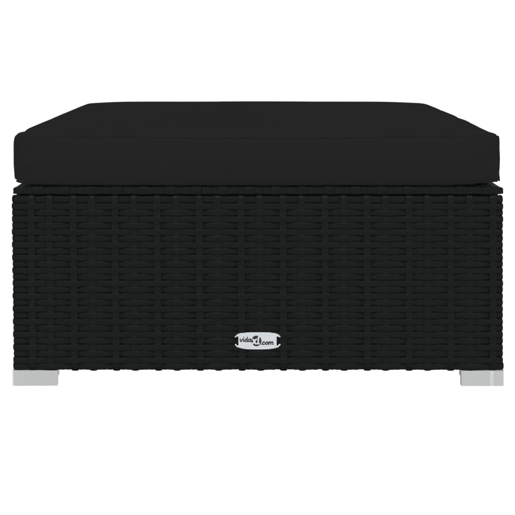 Fekete polyrattan kerti lábtartó párnával 70 x 70 x 30 cm