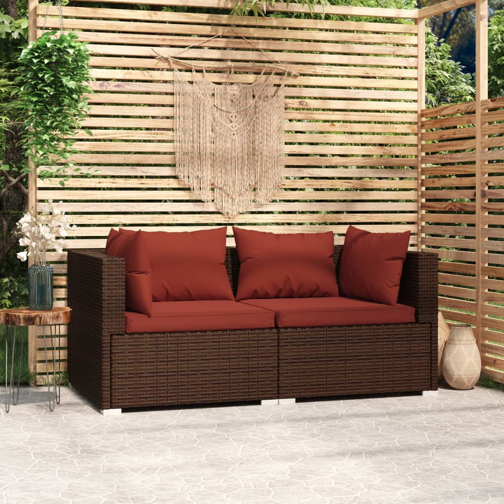 2-személyes barna polyrattan kanapé párnákkal