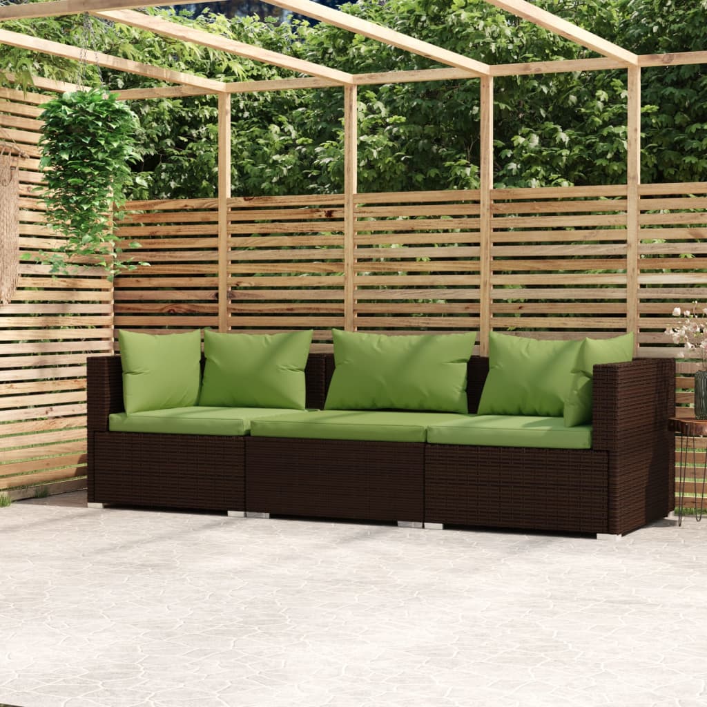 3-személyes barna polyrattan kanapé párnákkal