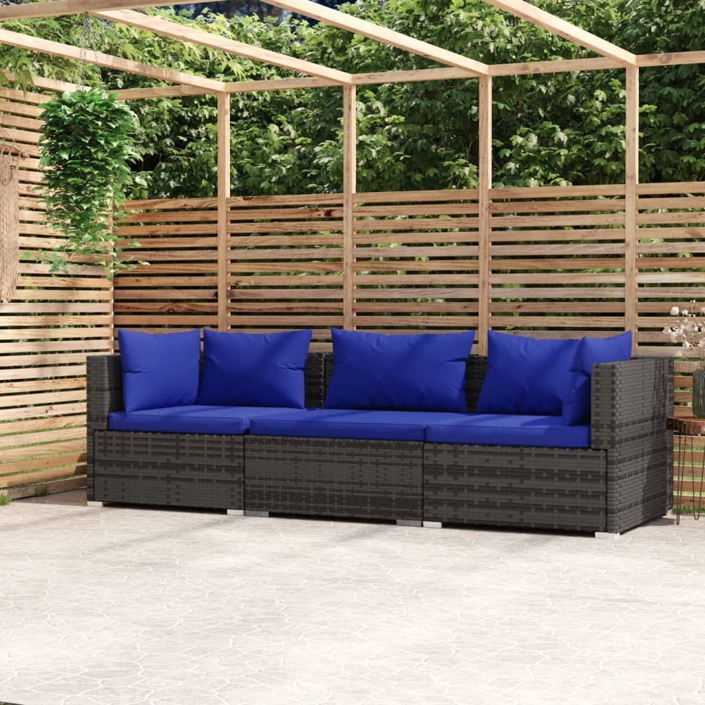 3-személyes szürke polyrattan kanapé párnákkal