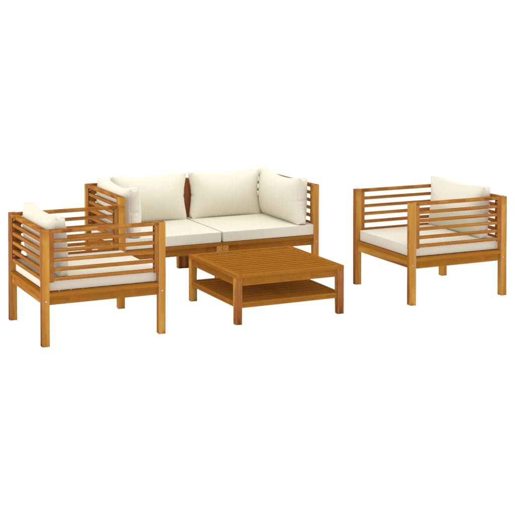 5 részes tömör akácfa kerti ülőgarnitúra krémszínű párnával
