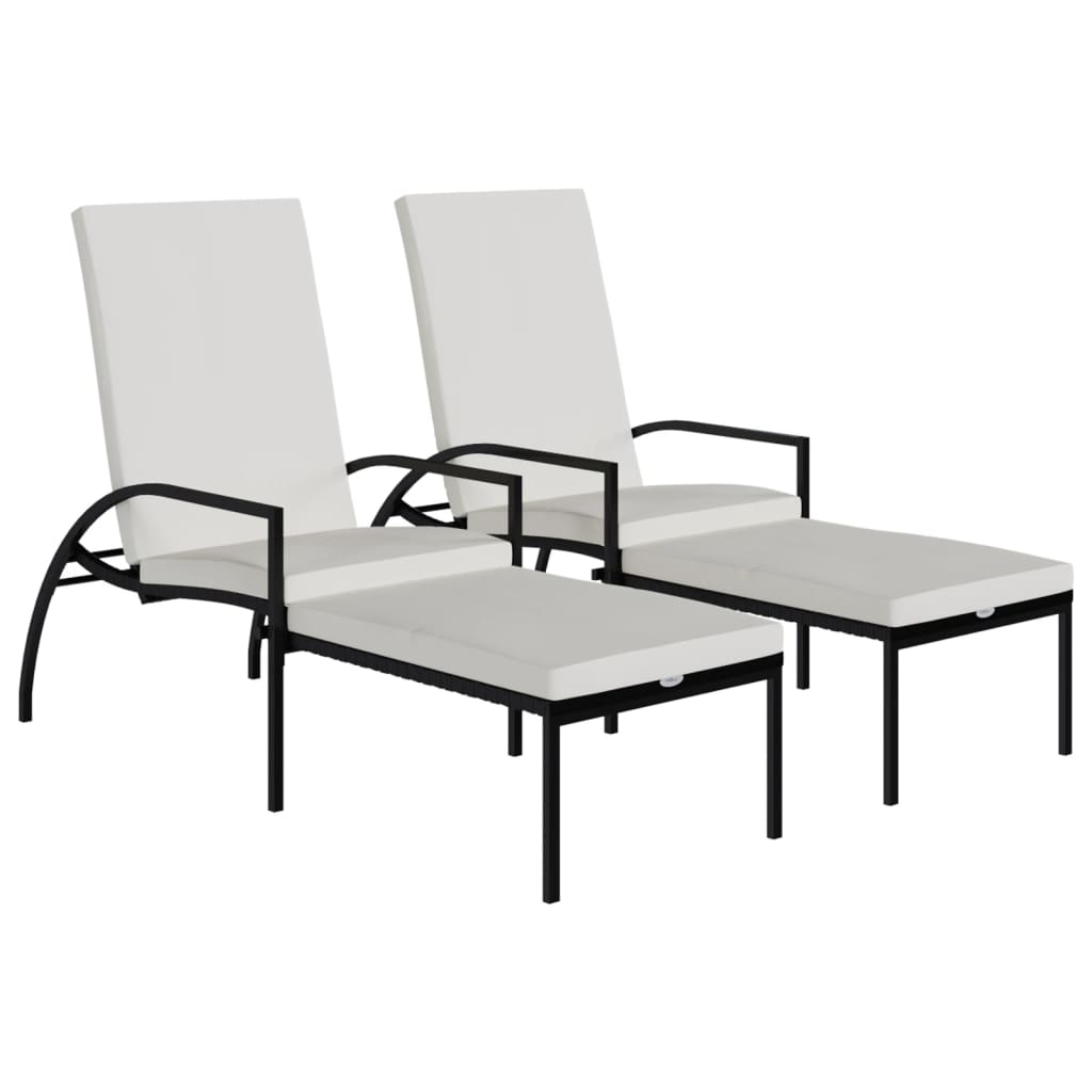 2 db fekete polyrattan napozóágy lábtartóval