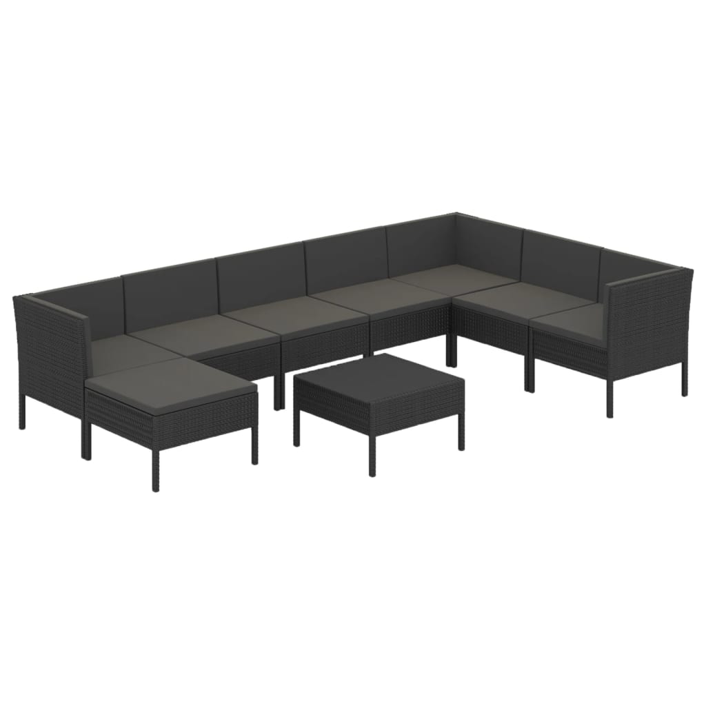 9 részes fekete polyrattan kerti ülőgarnitúra párnákkal